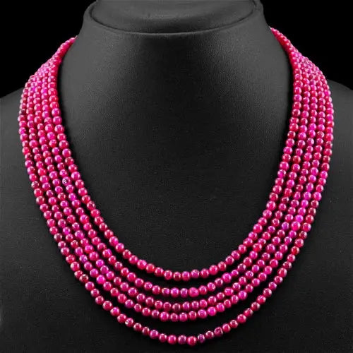 AAA+ Quality 290.00 CTS EARTH MINED RED RUBY 5 STRAND ROUND BEADS HAND MADE NECKLACE (DG) ABC Jewelery